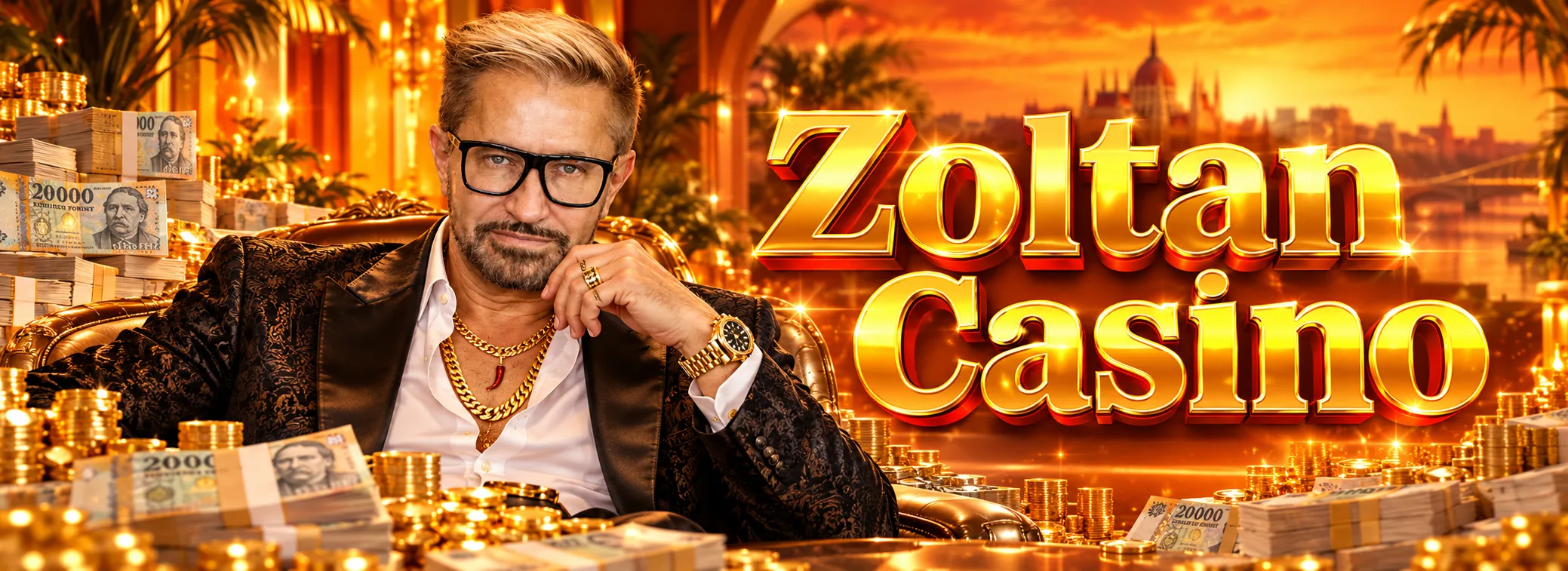 Zoltan Casino Hold and Win embléma arany és narancs tűzkörben, háttérben a Balaton